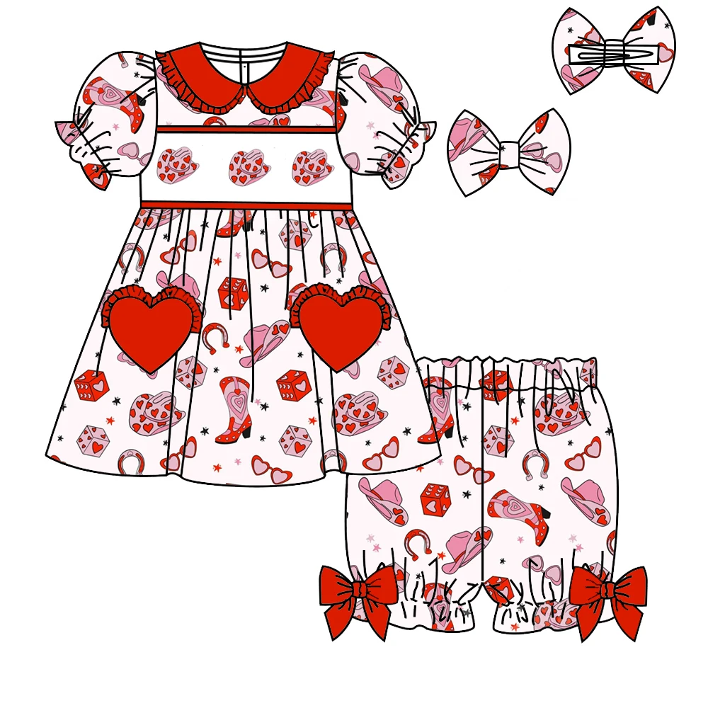 Valentine's Day Children's Boutique Set with Western Love Hat Printed Short-Sleeved Trousers Girl Set Shorts Bow Baby Nightgown