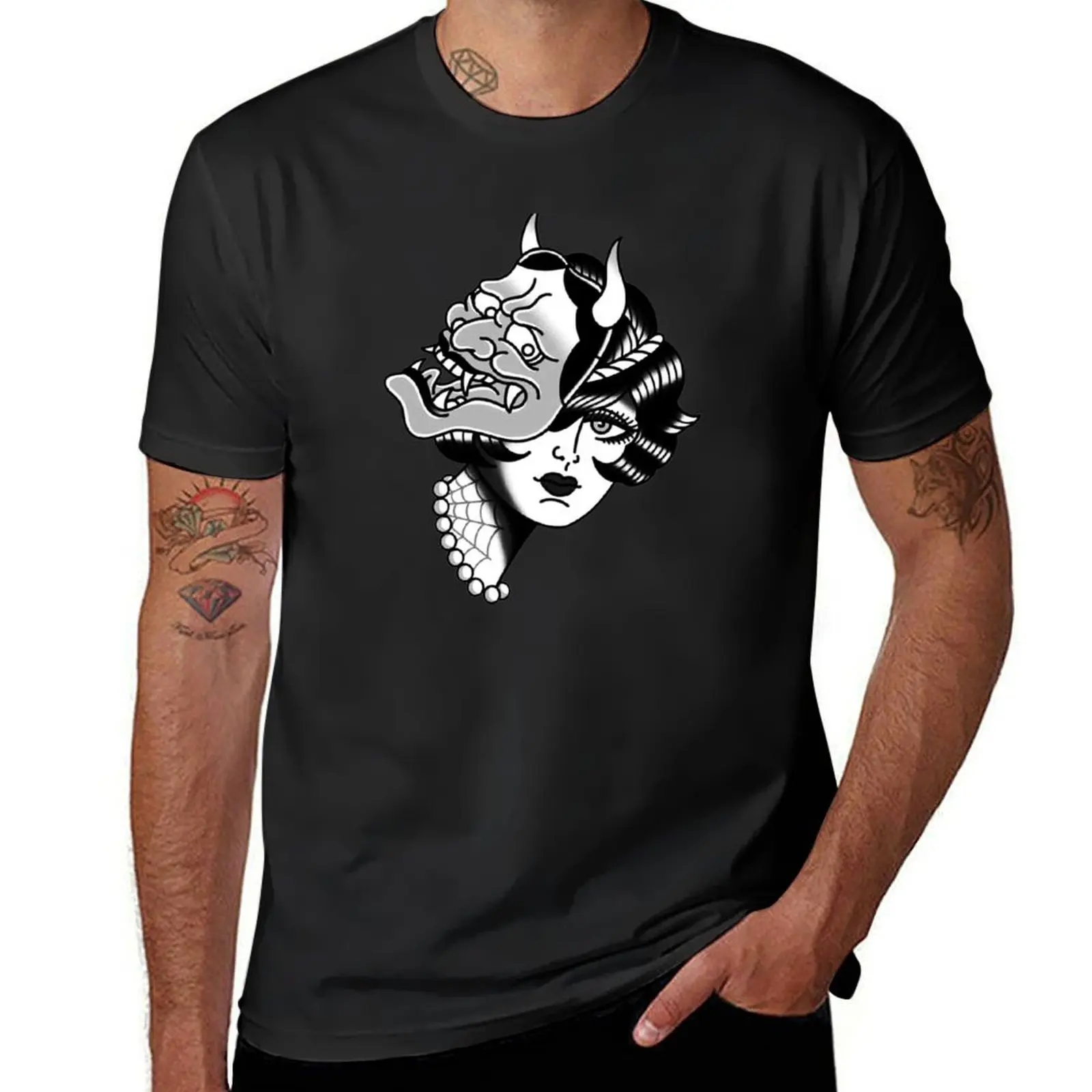 Black and White Beautiful lady with Hannya Mask Tattoo T-Shirt vintage clothes boys animal print tees t shirts for men graphic