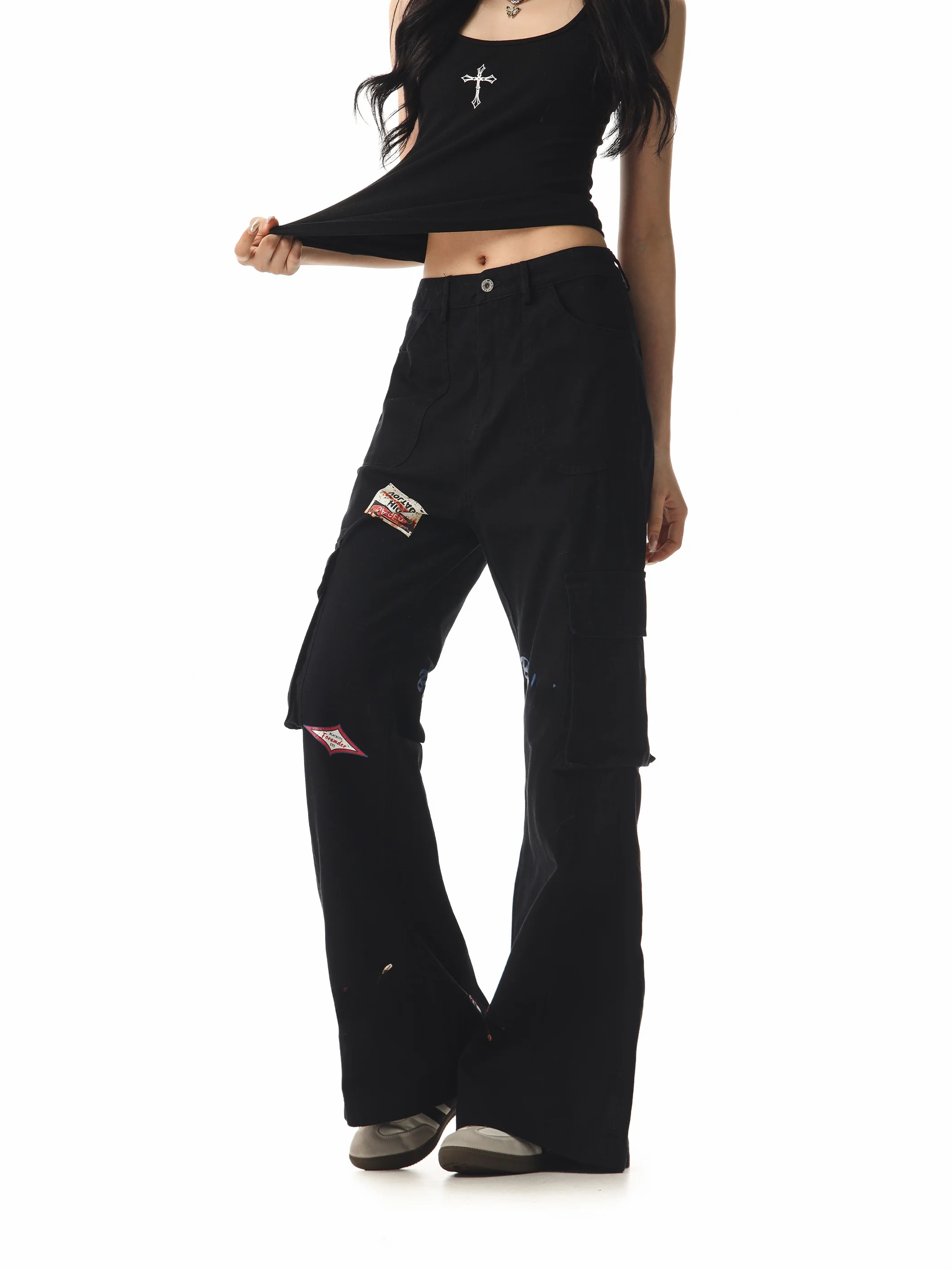 

Женские рабочие брюки Captain Beer в американском ретро-стиле с буквенным принтом, с множеством карманов, расклешенные, утягивающие, повседневные брюки Ci Walk