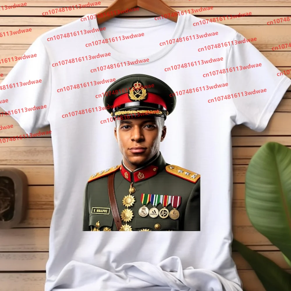 2026 Mbappe Military Uniform Portrait Print T Shirt Men Short Sleeve Football Star Fans Casual Graphic Streetwear Sports Kid Top