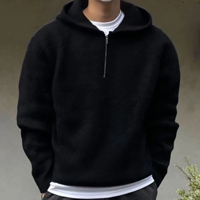 

Men's Half Zipper Knit Hooded Sweatshirt Autumn Solid Color Vintage Hoodies Knitwear Sweater Hip-Hop Streetwear Pullover Male