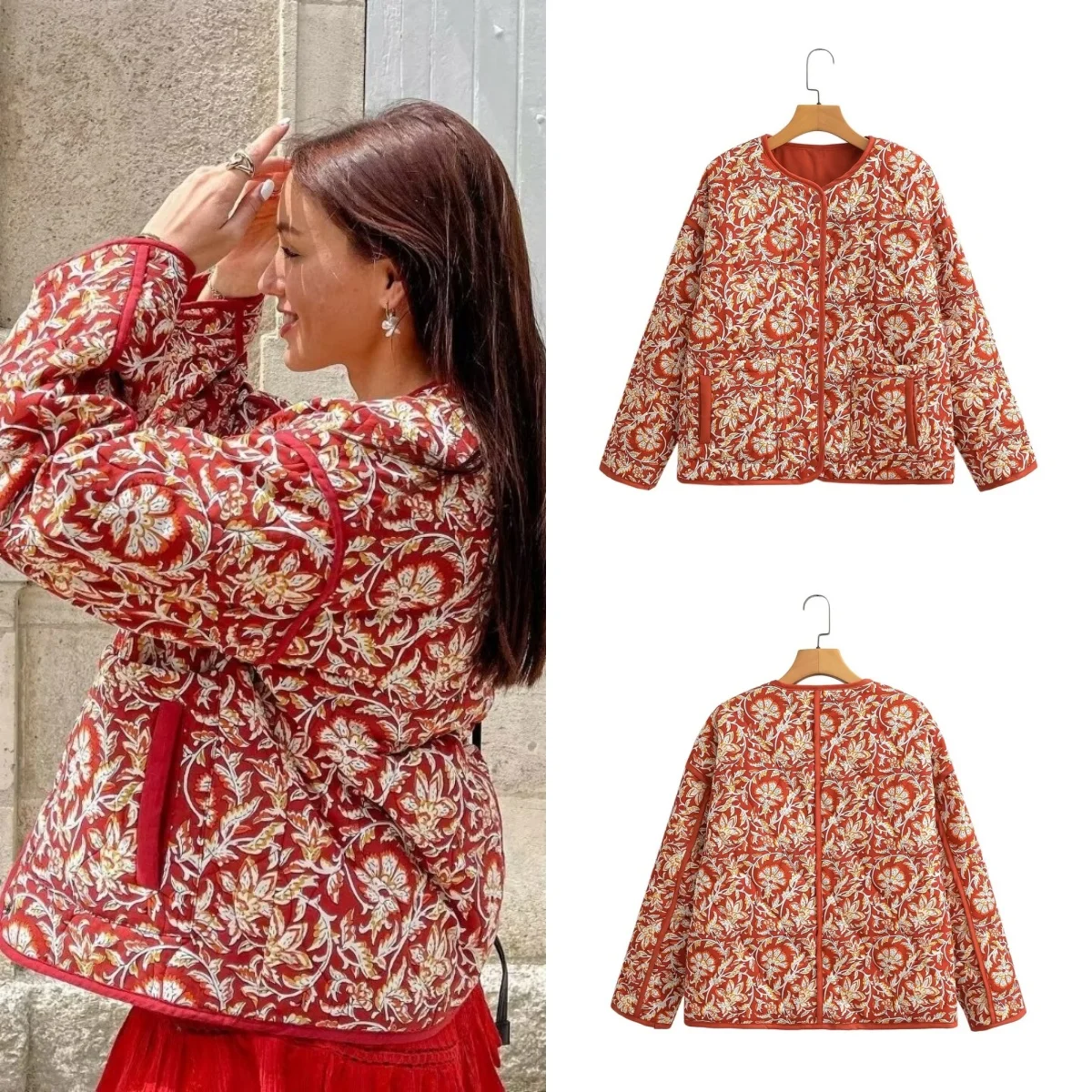 PB&ZA 2024 early autumn new women\'s retro contrast color small floral print loose casual single-breasted thickened coat