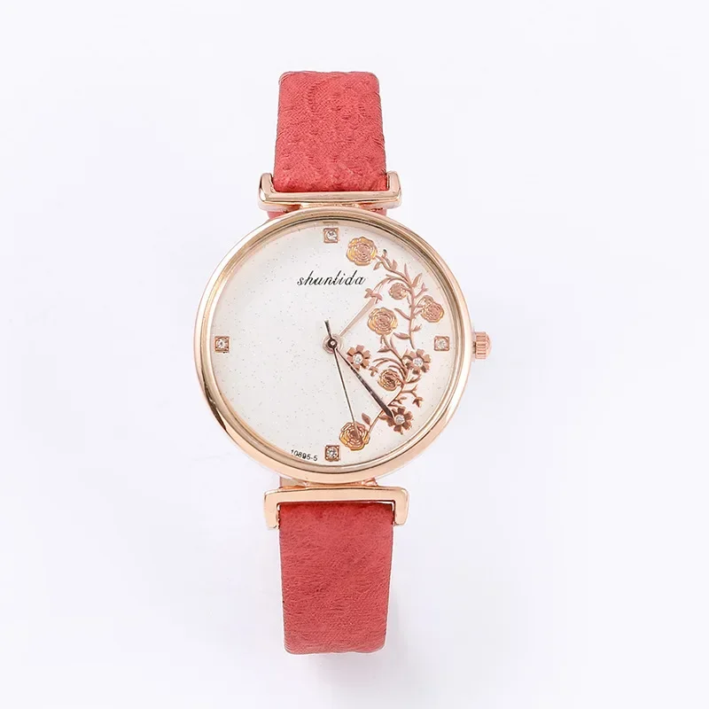 Relojes de pulsera de cuero Vintage para mujer, reloj de cuarzo marrón Simple, relojes de flores de moda