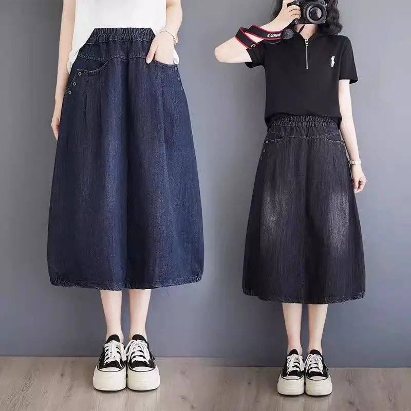 Large Size Loose Hole Vintage Denim Skirt For Women 2024 Summer High Waisted A-Line Skirt Midi Saia Jeans Feminina K1703