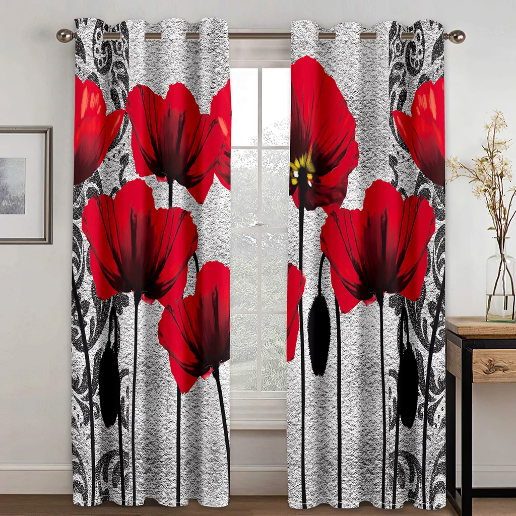 

Chinese Ink Painting Window Curtains for Boys and Girls, Advanced Grey Red Flowers, Living Room Bay Drapes