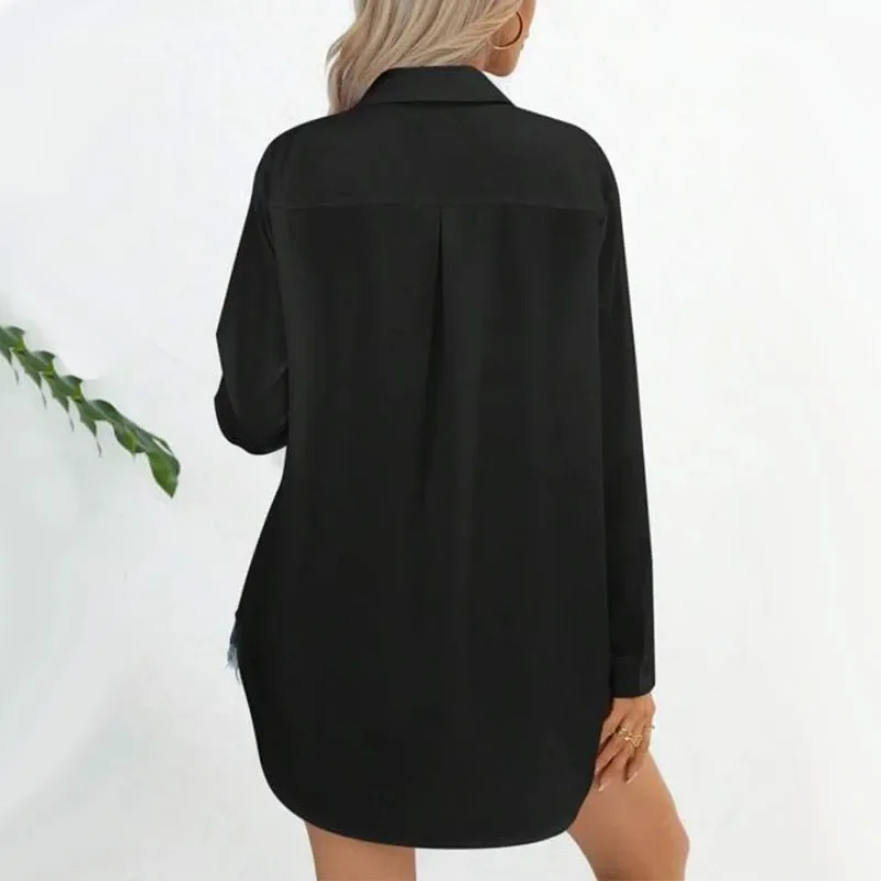 Camisas de manga larga para mujer, blusas holgadas informales de Color liso con cuello vuelto, Tops de botonadura única, primavera y otoño, 2024