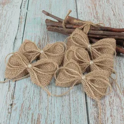 10pcs/lot Jute Burlap Hessian Bow with Artificial Bead Vintage Wedding Decoration Handmade Craft DIY Christmas Decoration