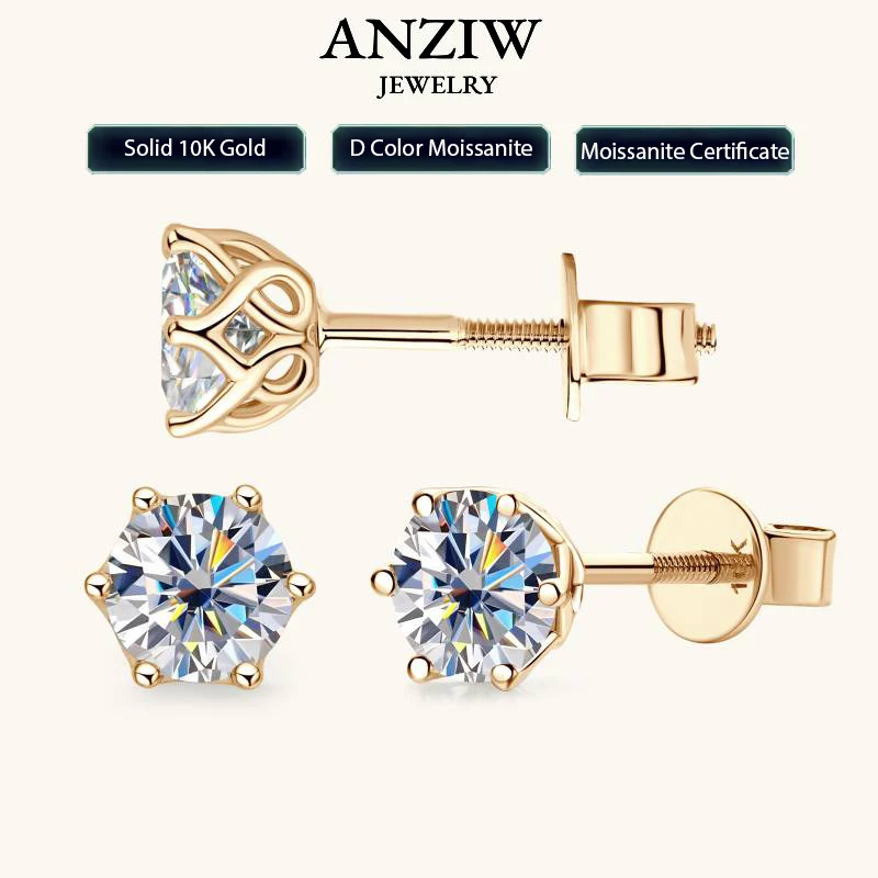 100% 10k Gold Stud Earrings 0.5ct 1.0ct Round Cut Moissanite Diamond Earrings for Men & Women Certified Real Yellow Gold Jewelry