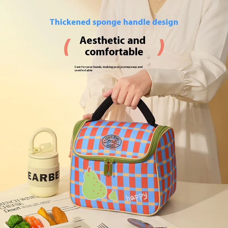 

Women Cute Plaid Lunch Bag Thermal Bag portable insulation box thick aluminum film Cooler Bag large capacity Cartoon ice pack