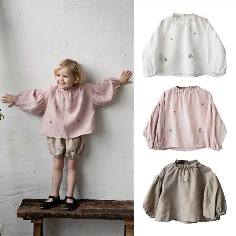 

Jenny&Dave 2023 Autumn New Girls' Cotton Hemp Bubble Sleeve Embroidered Shirt Loose Girl Lantern Sleeve T-shirt Top Girl