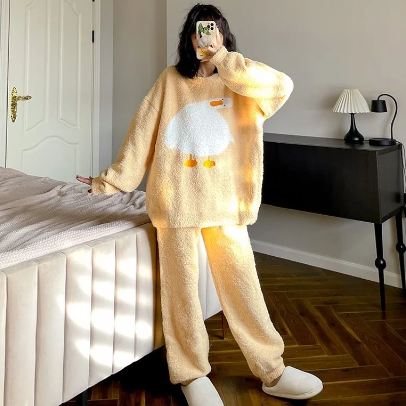 Winter Cute Duck Flannel Pajamas Set for Women Casual Fashion Home Clothes Velvet O-Neck Home Clothing Comfortable Pijamas Set