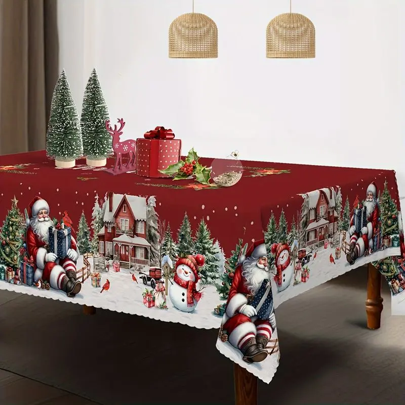 VIKAMA Vintage Christmas Tablecloth Burgundy Watercolor Santa Snowman Xmas Village Rectangle Table Cover Winter Holiday Dining