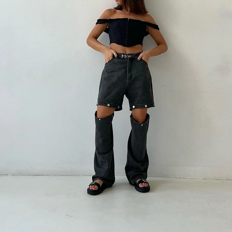 

New Removable Straight Denim Jeans Women's Washed Cotton Metal Buckle Street Trousers Loose Fashion Trendy Woman Casual Pants