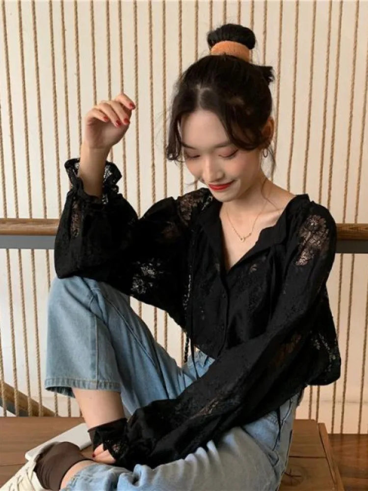 2024 Blusas De Mujer Long Sleeve Lace Blouses for Women V-neck Loose Autumn Shirts Heavy Embroidery See Throught Vintage Tops