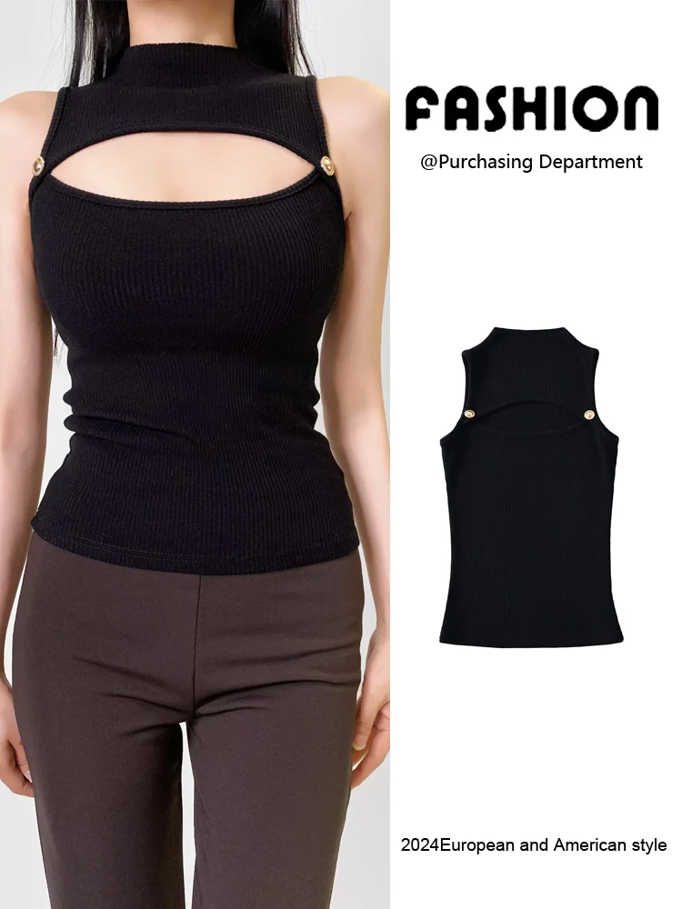 Spring New Arrival Women's Sexy Hollow out Slimming Svel High Collar Tank Top Elastic Base Layer Commute Sle Knitted ...