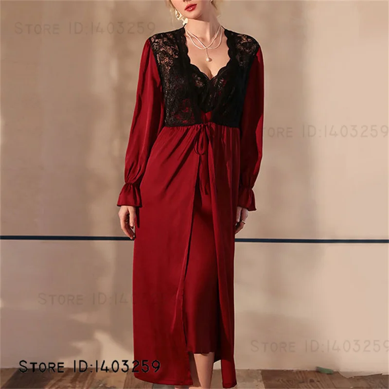 Perspective Lace Bride Wedding Robe Dress Long Kimono Bathrobe Gown Sexy Female Sleepwear Homewear Ice Silk Loungewear Nightgown