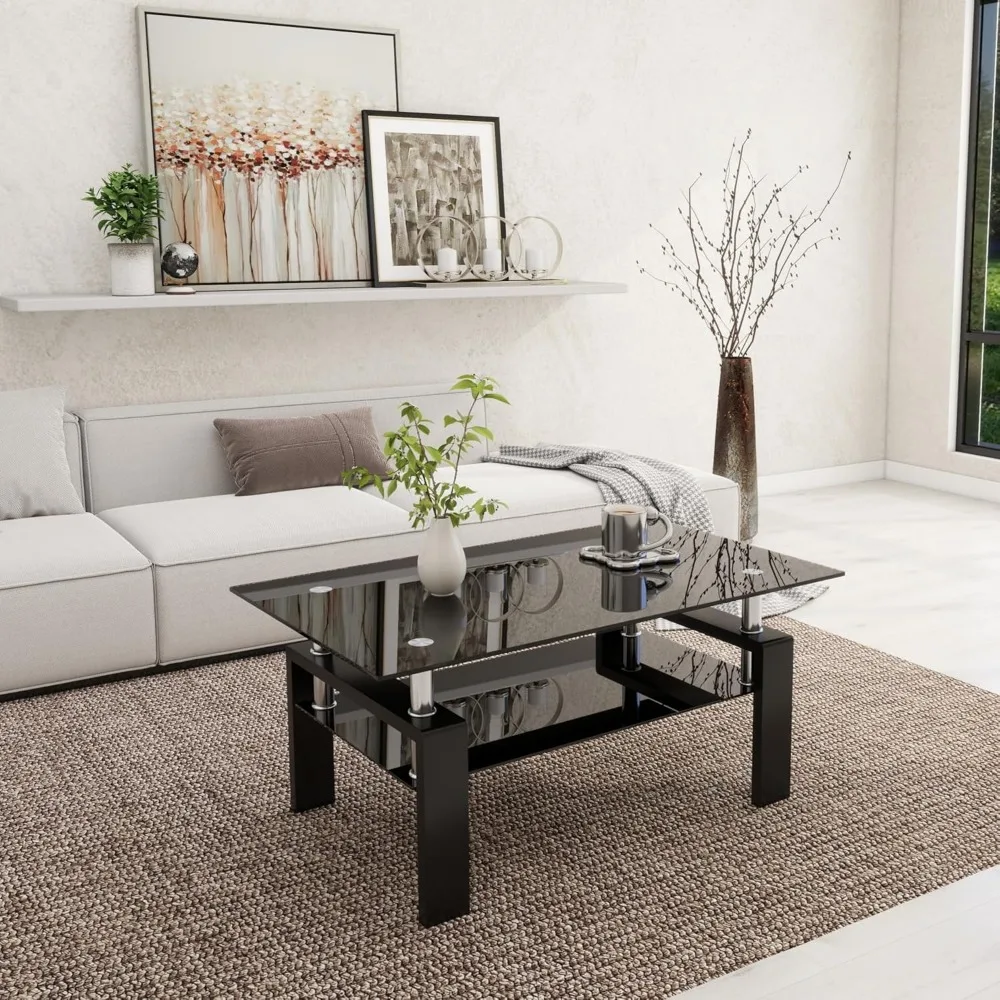 Modern 2-Tier Glass Coffee Table with Rectangular Design for Living Room - Sleek Black Side Table