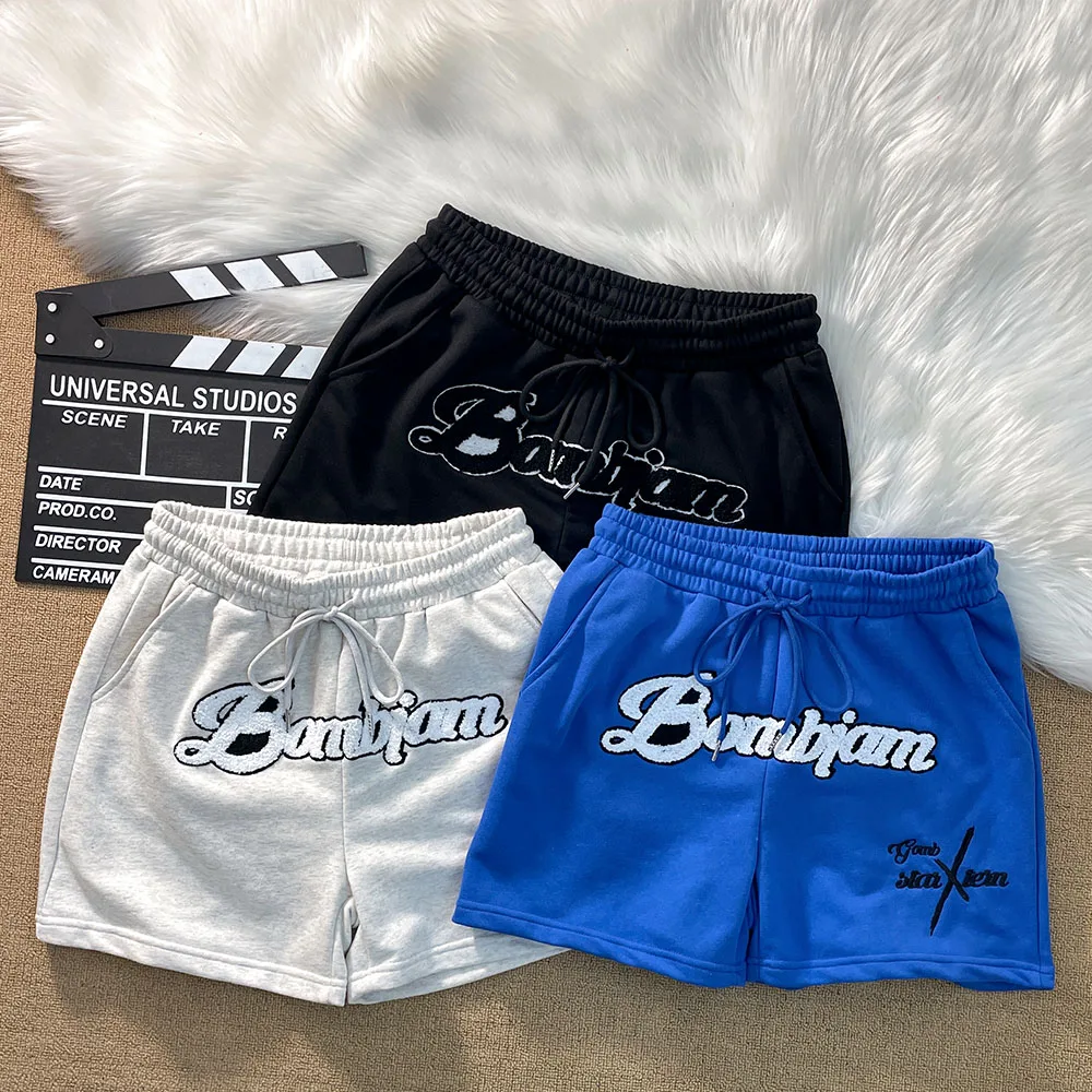

Black Blue Gray Towel Embroidery Letters Shorts Loose Summer Short Pants Men Women High Street Casual Beach Quarter Pants