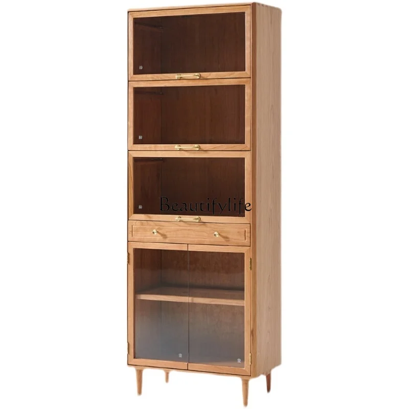 

Nordic Modern Minimalist Cherry Wood Flip Door Handcrafted Living Room Display Cabinet Glass Storage Cabinet
