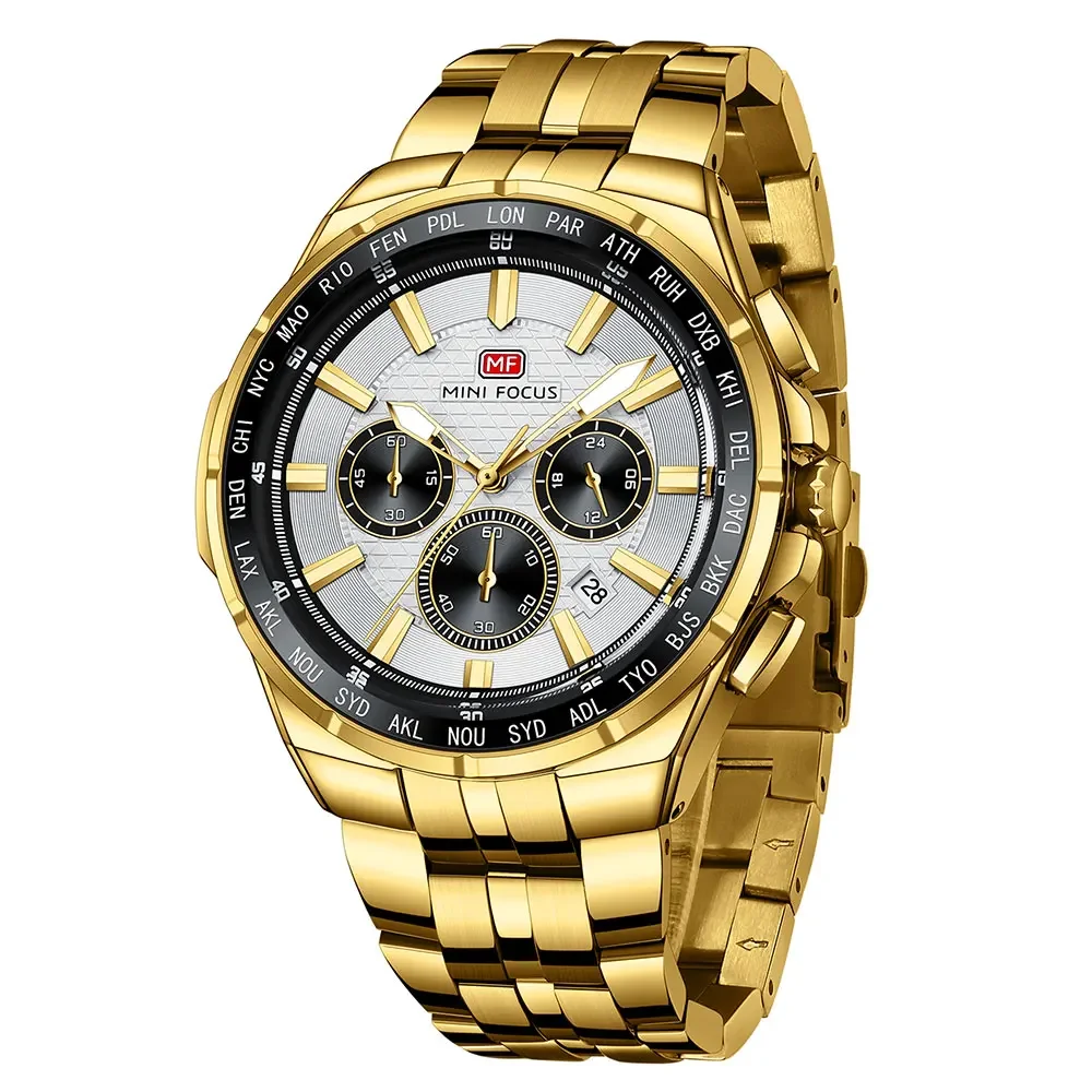 MINI FOCUS 0613 ساعة كوارتز رجالية عادية متعددة الوظائف مقاومة للماء كرونوغراف مضيئة يد حزام من الفولاذ المقاوم للصدأ تاريخ التقويم