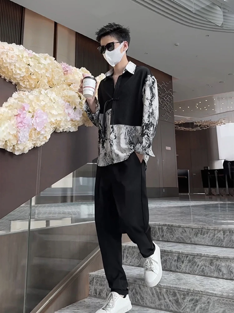 

New Chinese Sle Men's irt Summer Design High Level Irregular ort Sve Trendy Brand Haome Outerwear Button Detail