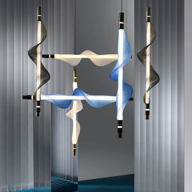 

Nordic postmodern light luxury long restaurant bar lamp office desk designer art phantom mesh chandelier