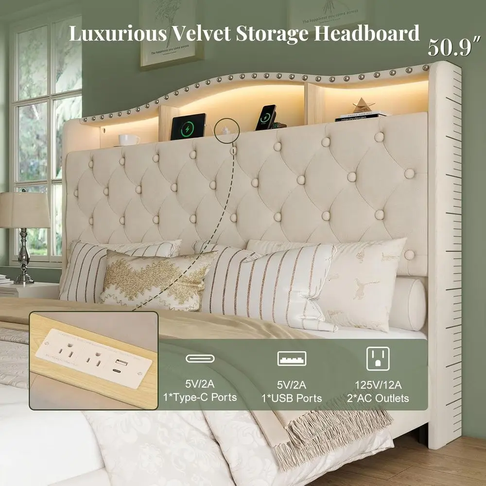 Beżowa aksamitna ramka łóżka typu wingback o rozmiarze queen z oświetleniem LED, schowkiem i stacją ładującą