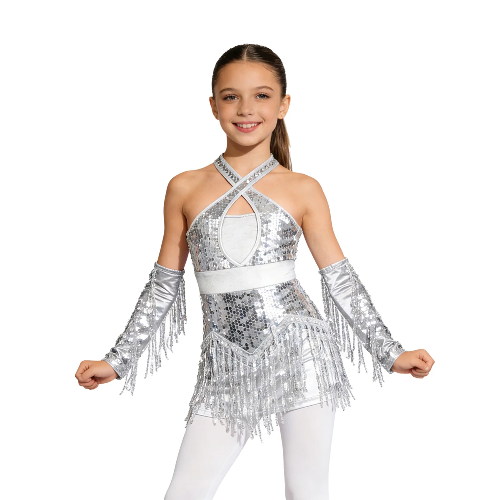 Kids Girls Latin Dance Cha-Cha Tango Samba Performance Costume Sleeveless Sparkly Sequins Tassel Leotard with Metallic Gloves