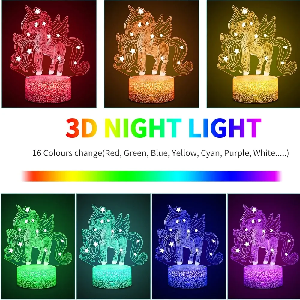 LED night light unicorn rechargeable USB with remote control, 16 colors adjustable cartoon animal home decoration