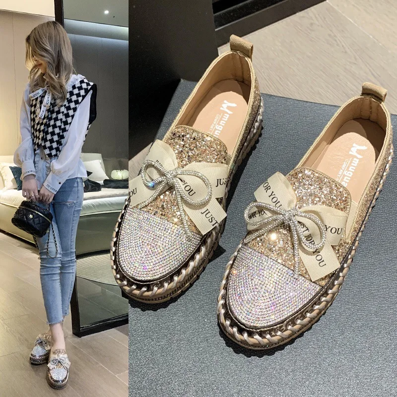 2023 Spring New Shiny Rhinestone Loafers Women's One Step Thick Soled Bow Muffin Bottom Cover Foot Single Shoe Sneakers