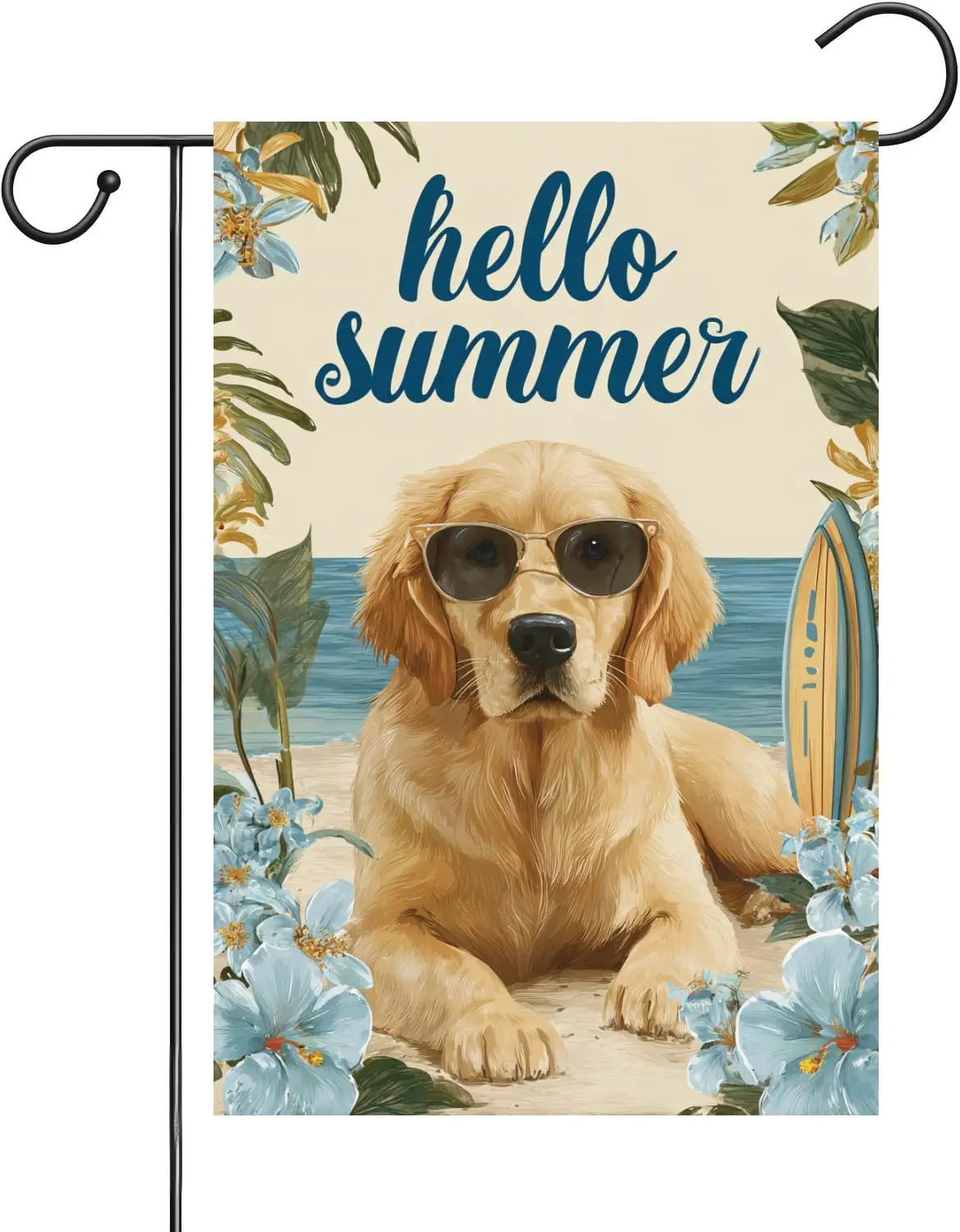 Hello Summer Golden Retriever Garden Flag Beach Surfboard 12x18 Inches Double-Sided Vertical Burlinen Summer Tropical Ocean  PPZ