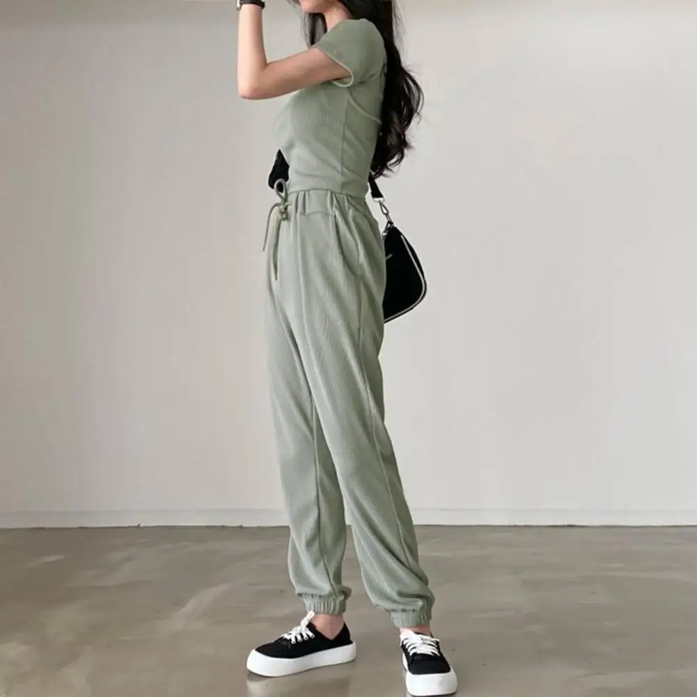 

Simple Style Outfit Lady Summer Sport Suit Soft Breathable Women's Tracksuit Set High Waist T-shirt Trousers Combo