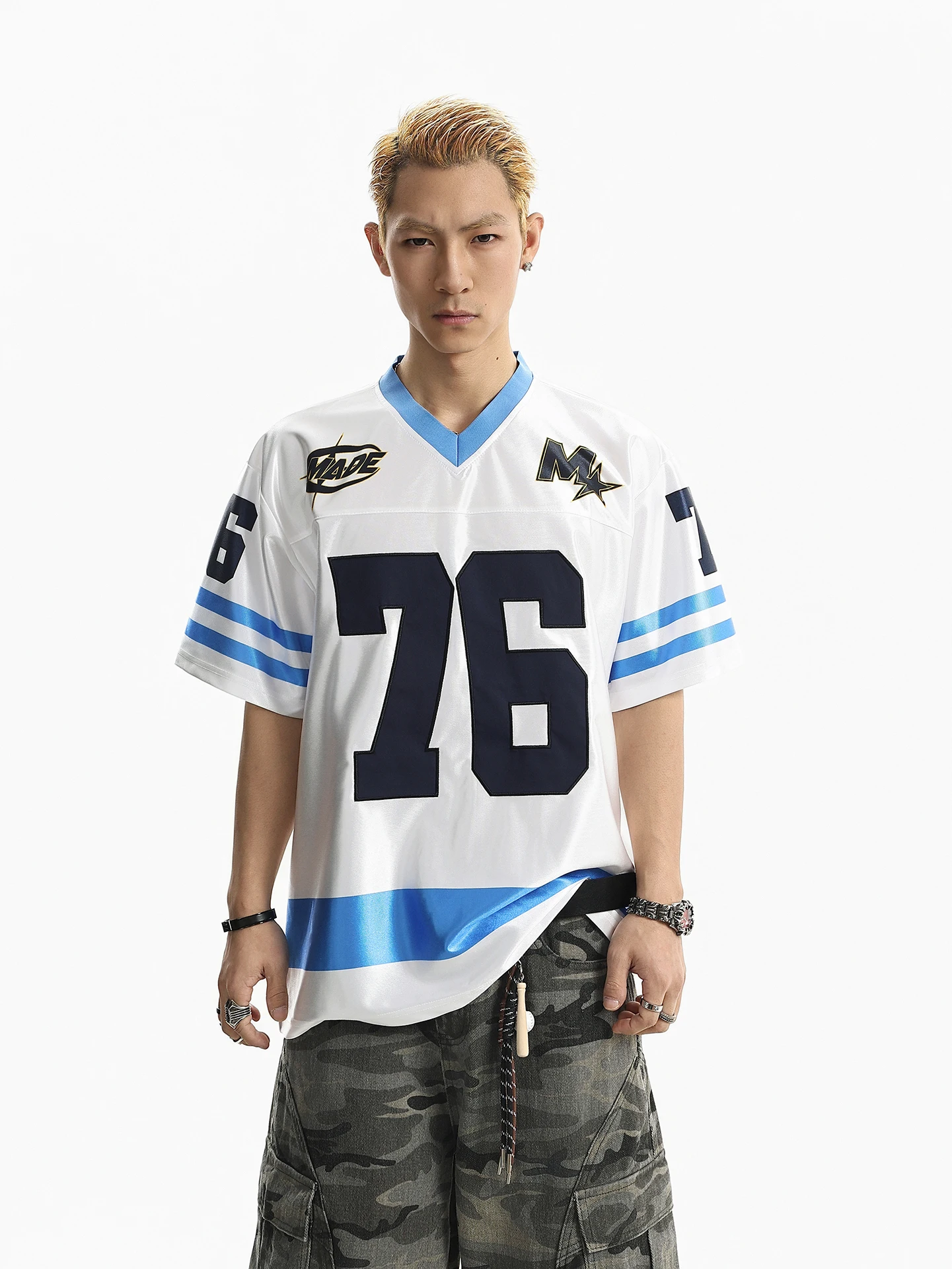 

BETEBULE American High Street Printed V-Neck Short Sleeve T-Shirt Men Summer Trendy Loose Sporty Style Top for Couples
