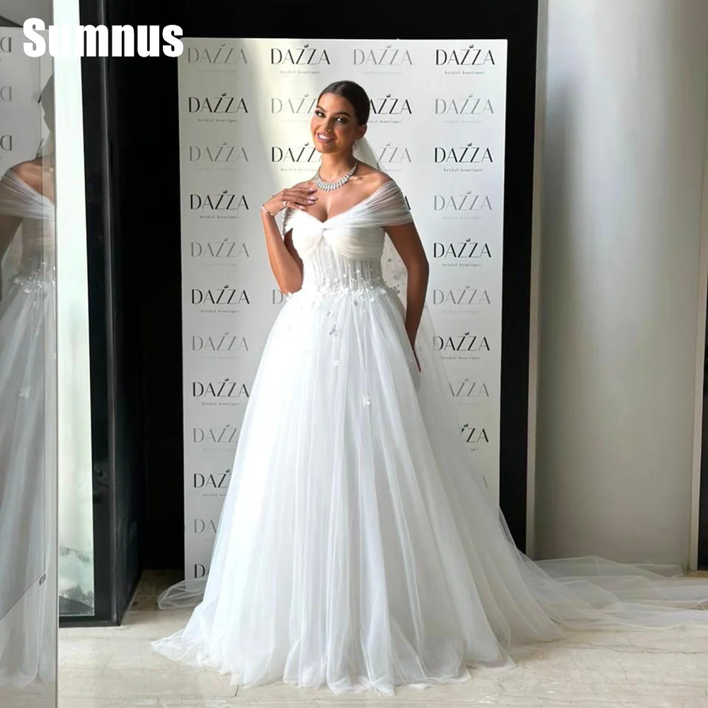 

Sumnus White A-Line Wedding Dresses Elegant Off The Shoulder Appliques Bridal Dress Boho Beach Wedding Prom Gown Robe de mariage