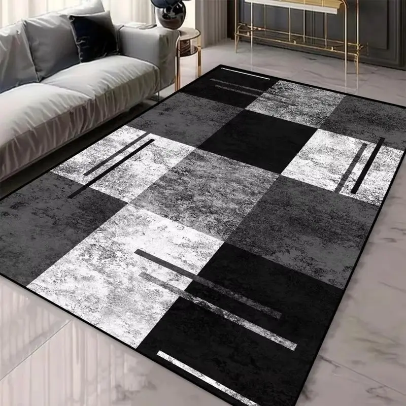 VIKAMA Geometric Block Area Rug Non‑Slip Black Grey White Large Floor Carpet For Living Room Bedroom Office Home Decor