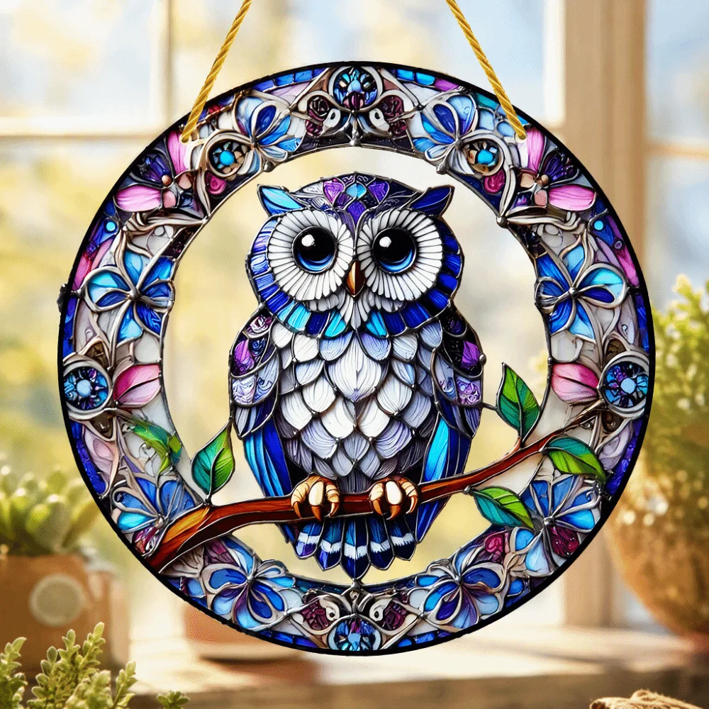 Flat Acrylic Sun Catchers Printed Pattern 20cm Diameter Stained Glass Decor Floral Border Cord Included Metal Tin Sign