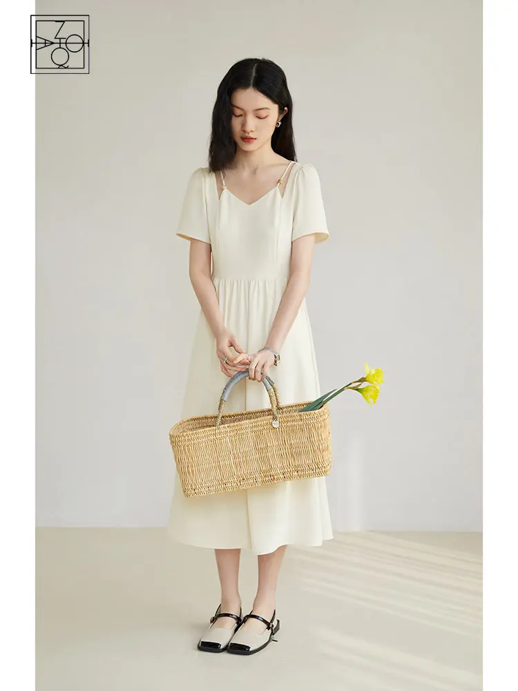 ZIQIAO Ladylike Chiffon Temperament Dress for Women High-end Sense Summer Chic Design Tea-break A-line Mid-length Dress Female