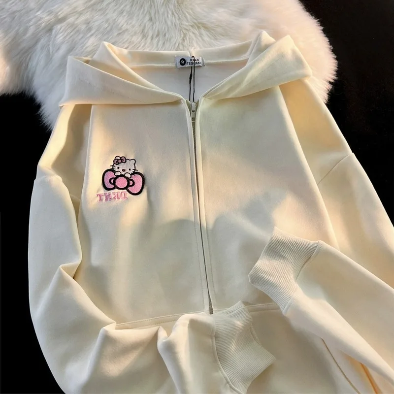 New Sanrio Hello Kitty wyszywany wzór bluzy z kapturem z kapturem Y2k damskie ładna bluza bawełniane płaszcz w za dużym rozmiarze