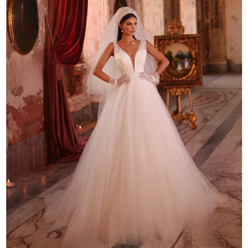 

Свадебное платье без рукавов 2026 класса люкс с V-образным вырезом, расшитое бисером, А-силуэт, больших размеров, для невесты-принцессы, на заказ, Vestido De Noiva