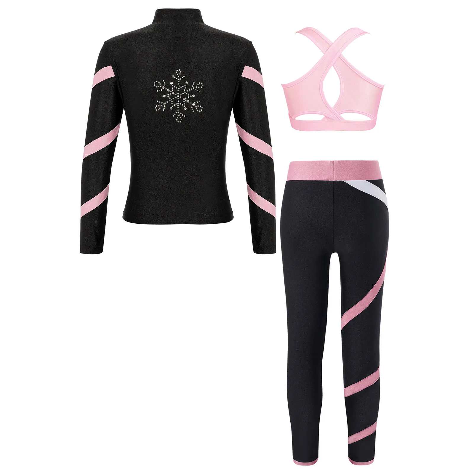 Kids Girls Tracksuit Sportswear Set Long Sleeve Coat Tops with Bra Vest Pants for Dance Gymnastics Skating Yoga Workout Running