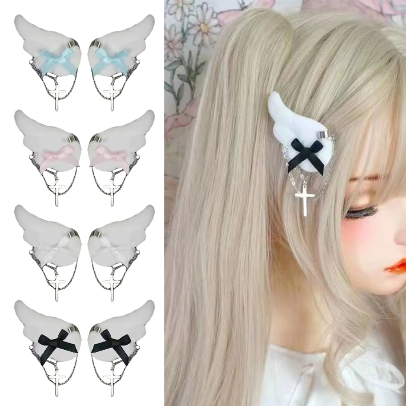 Y2K Girls Bowknot Plush Angel Wing Hair Clip Women Non-slip Animation Cosplay Hairpins Punk Cross Pendant Chain Hair Barrettes