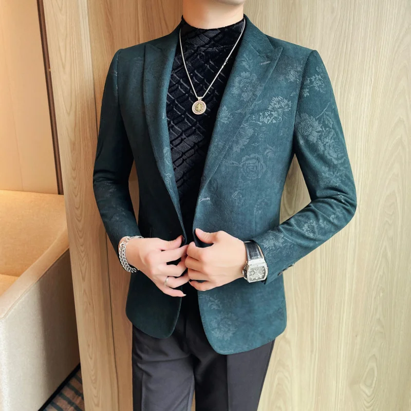 

Printed Slim Fit Men's Suit Jaet Faionable Embroidery Performance Stage Clothing Casual Westwear Polyester Long Sve