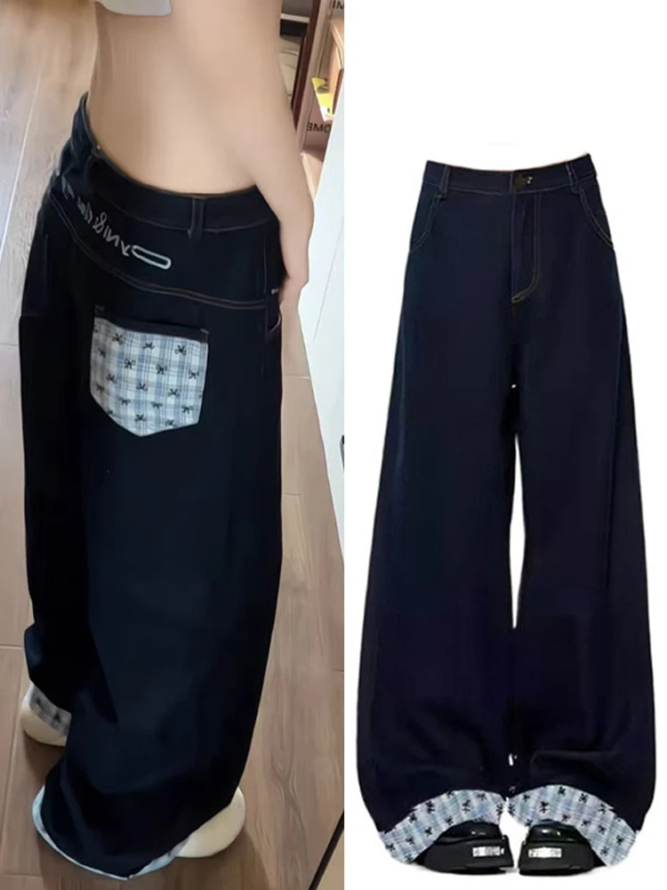 

High Waist Wide Leg Denim Jeans Women's Summer Loose Fit Slimming Floor-Length Knot Patchwork Casual Cotton Blend