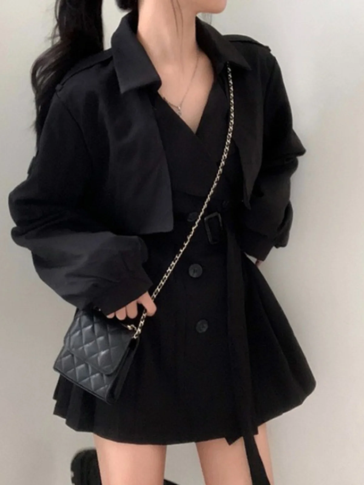 Retro Anzug Kragen Gürtel Midi Dr Herbst Chic Plaid Rock Sle Lange Sve Koreanische Lose Fit Windjacke Dr