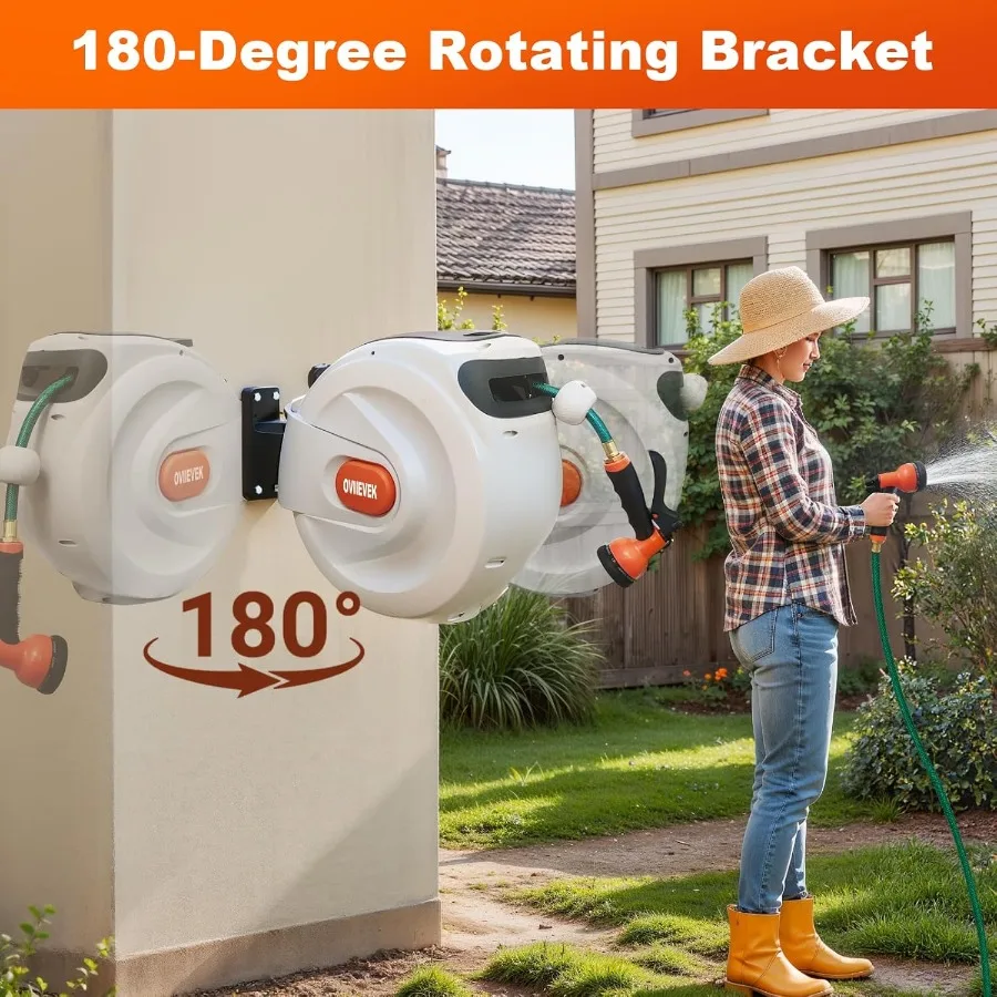 Carrete de manguera de jardín retráctil, manguera montada en la pared de 1, 2 pulgadas x 100 pies para uso en patio y jardín al aire libre, soporte giratorio 180 con Bu