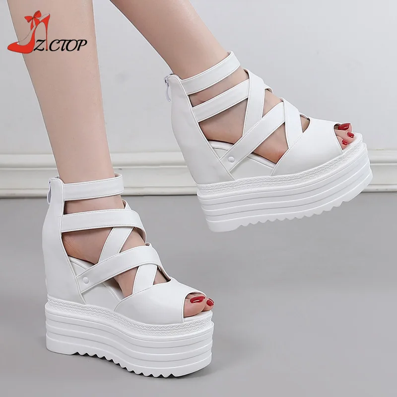 Summer Wedges Thick Bottom Sandals Women Fashion Platform Increase Height Peep Toe Sandals 13cm Super High Heels Black White