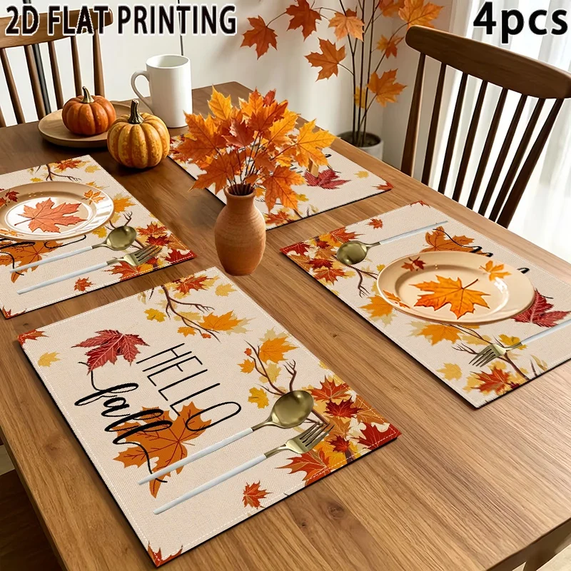 Hello Fall Maple Leaf Placemats, Autumn Element Printed Linen Table Mats, Seasonal Table Home Decor