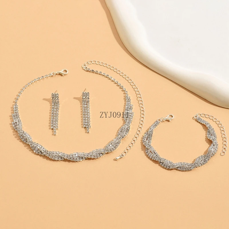 Модный женский комплект украшений из 3 предметов с цепочками-гвоздями, стразами, ожерельями, серьгами, браслетами, великолепными ювелирными аксессуарами