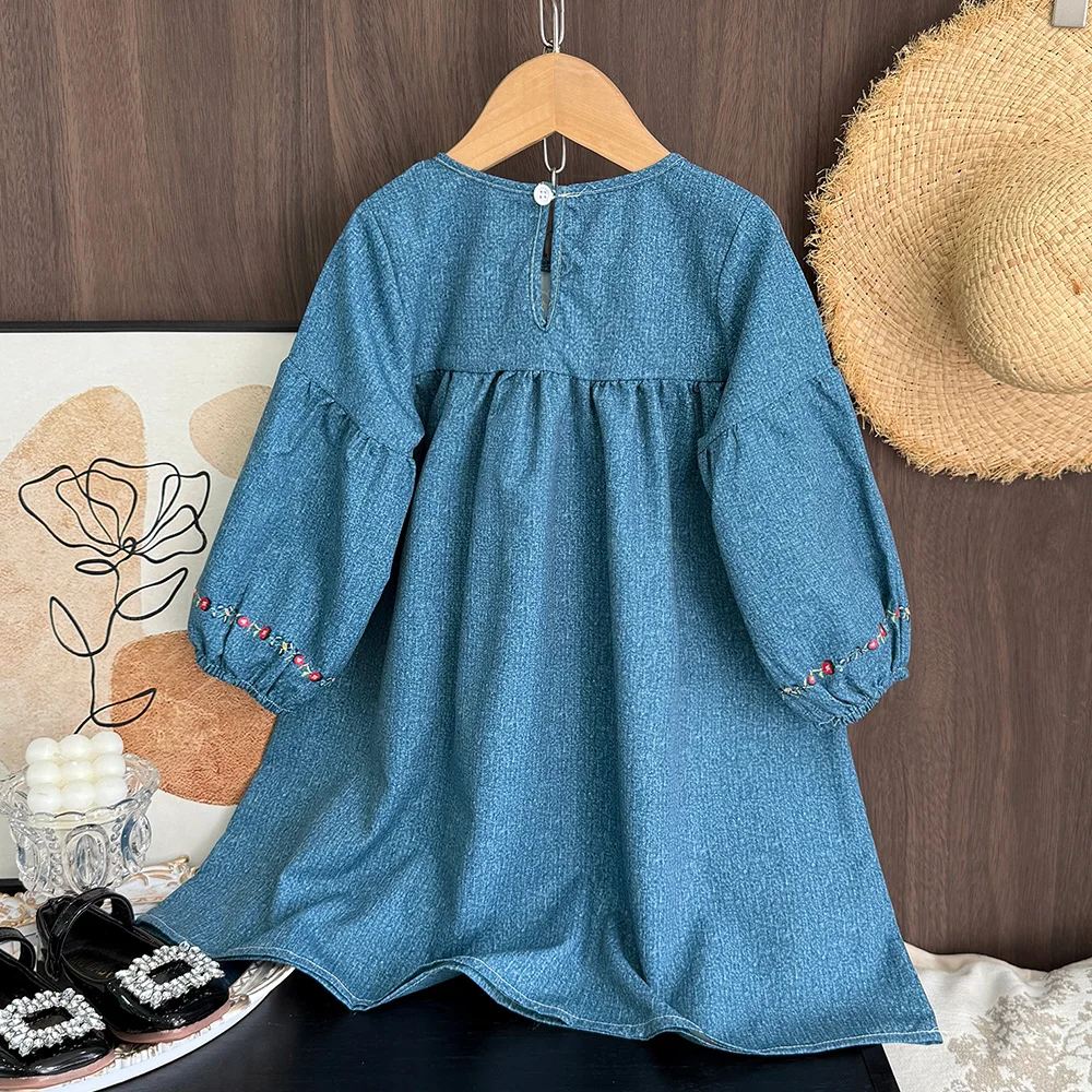 Korean Version Fashion 3-7Years Girls Autumn Long Sleeved Blue Imitation Denim Floral Print Dress Casual Simple Children Clothes