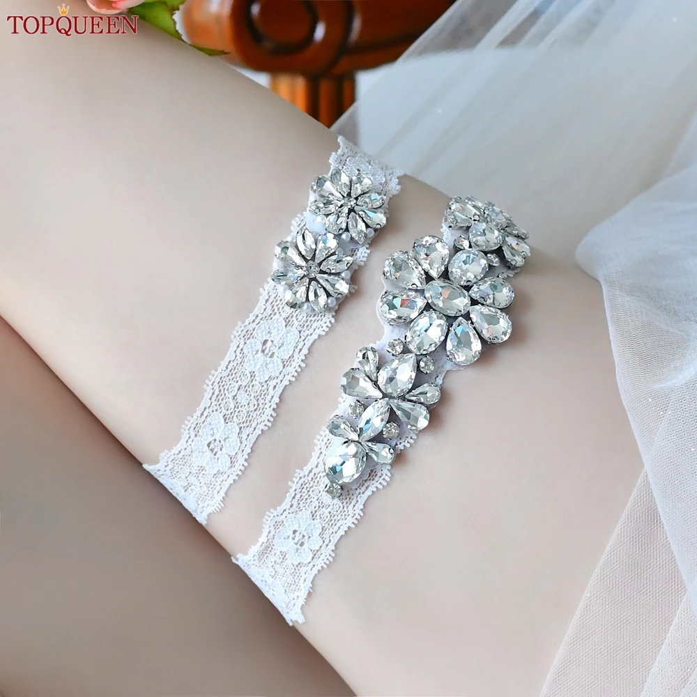 TOPQUEEN-liguero de encaje hecho a mano con cuentas de diamantes para boda, cinta sexy, liga, porte, jartelle, pierna, novia, S45, personalizado